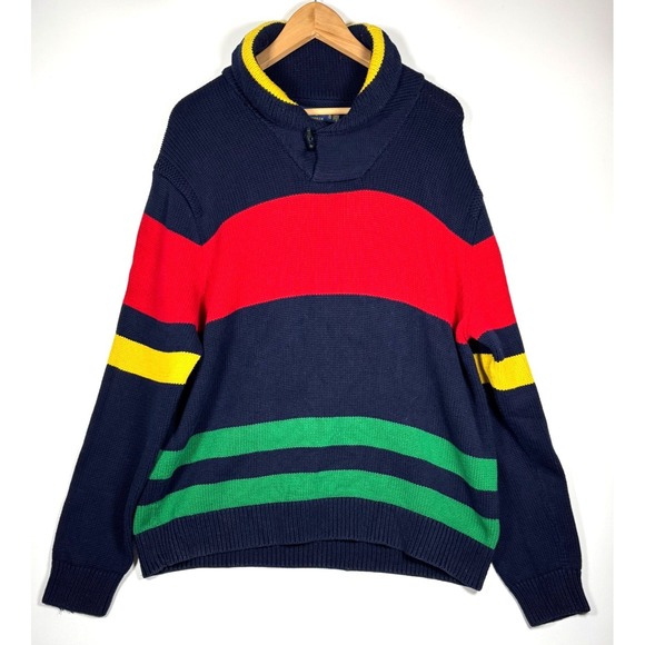 Polo Ralph Lauren Other - Polo Ralph Lauren 12.M Yacht Challenge Sweater Men XL Navy Red Stripe Shawl Neck